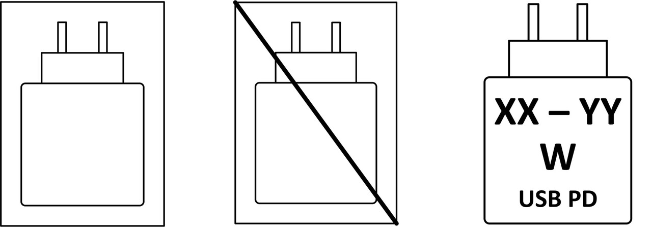 Kuvassa vasemmalta lukien: 1. Piirros puhelimen laturista. 2. Piirros puhelimen laturista, jonka päälle on vedetty viiva. 3. Piirros puhelimen laturista, jossa teksti XX - YY W USB PD.