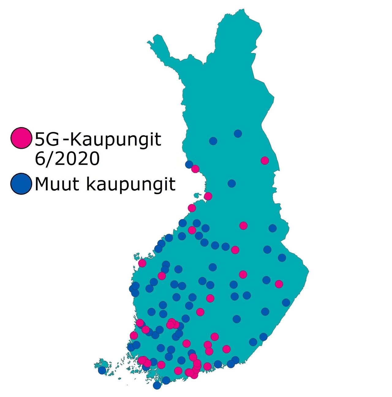 5G-kaupungit kesäkuun 2020 lopussa: Suomessa oli 38 kaupunkia, joissa oli 5G-verkkoa vuoden 2020 kesäkuun lopussa. 69 kaupunkia oli ilman 5G-verkkoa.