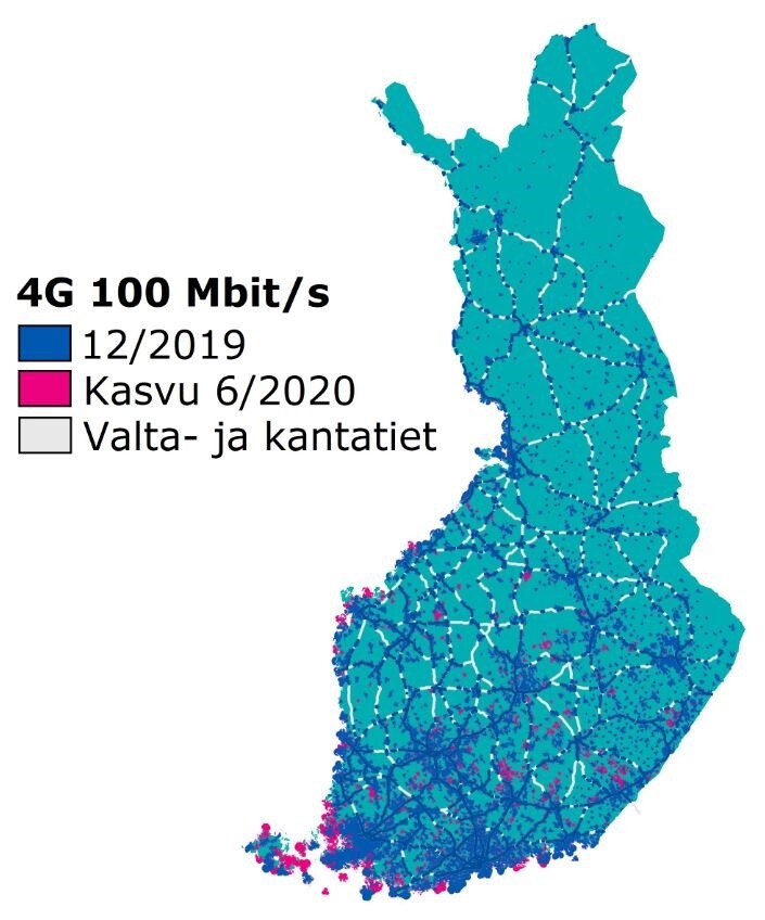 4G 100 Mbit/s peitto kesäkuussa 2020: 4G-verkossa latausnopeudeltaan 100 Mbit/s kattoi Suomen maapinta-alasta 18 prosenttia vuoden 2020 kesäkuussa. Verkko kasvoi puolen vuoden aikana 2 prosenttiyksikköä. Valta- ja kantateistä peitto kattoi 57 prosenttia.