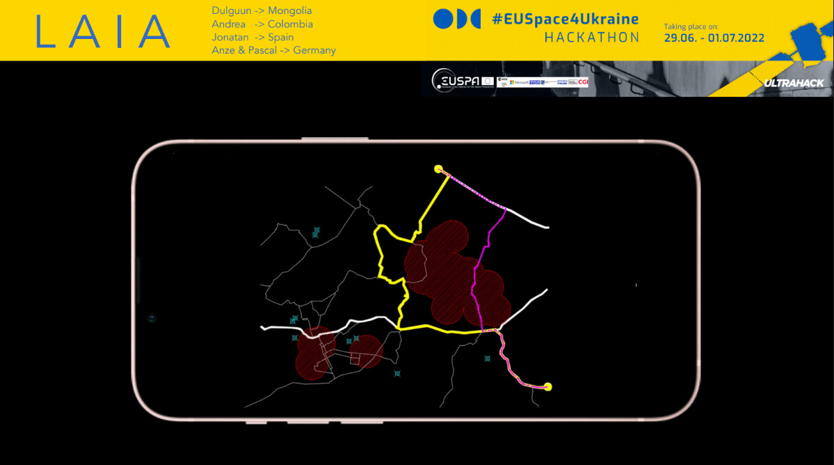 LAIA-järjestelmän tekemä reittisuositus, joka kiertää tunnistetut vaaralliset alueet.