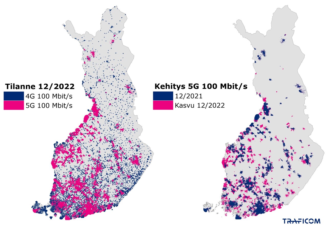 Kartalla esitetään 4G- ja 5G-verkon 100 Mbit/s latausnopeuksien kattavuusalueet vuoden 2022 lopussa Suomessa sekä erikseen vuoden 2022 aikana laajentuneet nopean 5G-verkon alueet.