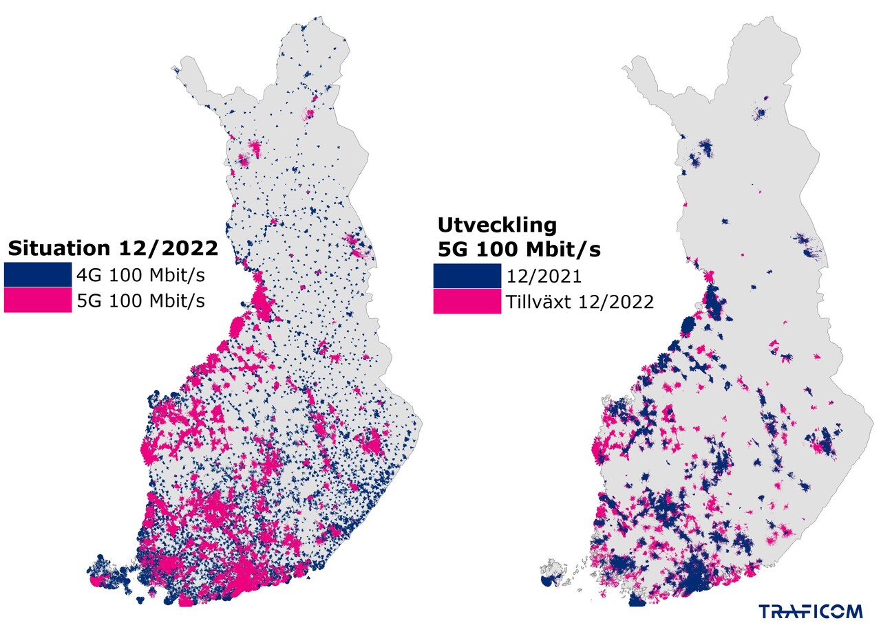 På kartan visas täckningen för 4G- och 5G-nät med en nedladdningshastighet på 100 Mbit/s i Finland vid slutet av år 2022 samt separat de områden till vilka det snabba 5G-nätet utvidgades år 2022.