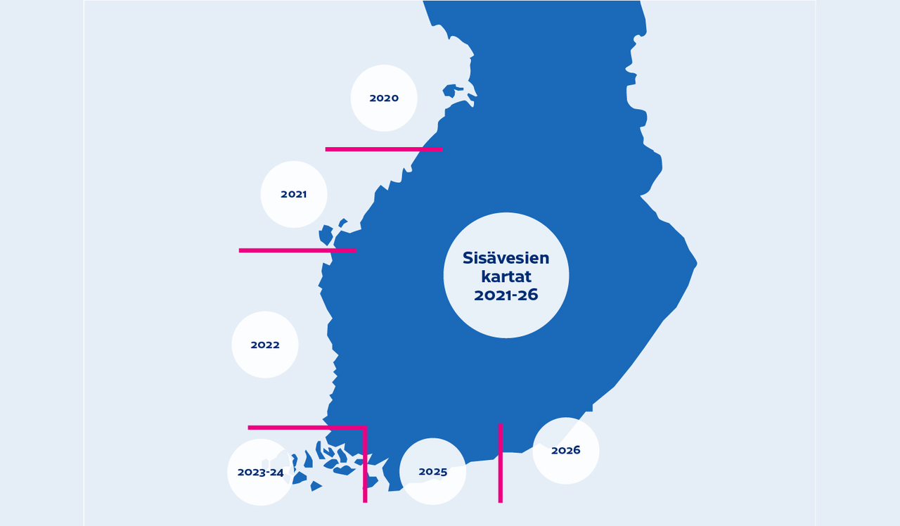 Suomen kartta N2000-aikataulusta: alkaa Perämerelta 2020 ja päättyy Suomelahden perukkaan 2026