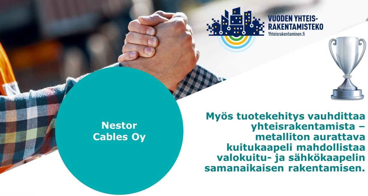 Nestor Cables Oy: Myös tuotekehitys vauhdittaa yhteisrakentamista –metalliton aurattava kuitukaapeli mahdollistaa valokuitu- ja sähkökaapelin samanaikaisen rakentamisen.