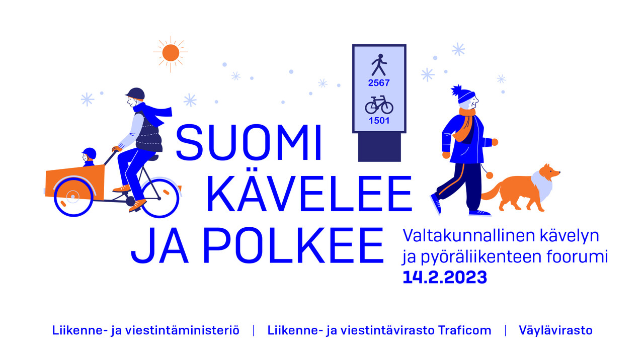 Suomi kävelee ja polkee tunnus, jossa laatikkopyöräilijä ja koiraa ulkoiluttava ihminen piirroskuvina