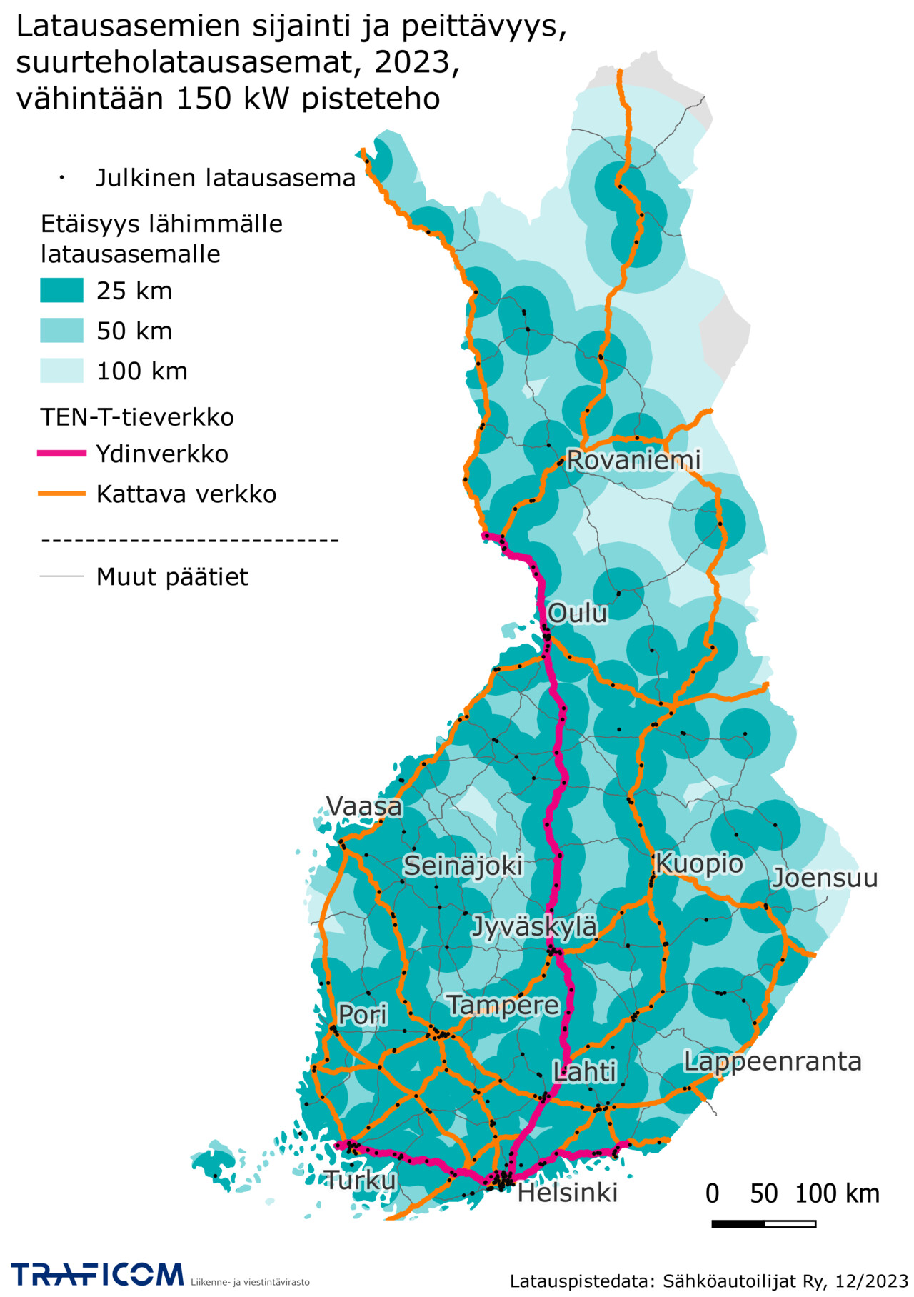 Latausasemien sijainti ja peittävyys Suomessa, suurteholatausasemat 2023, vähintään 150 kw pisteteho
