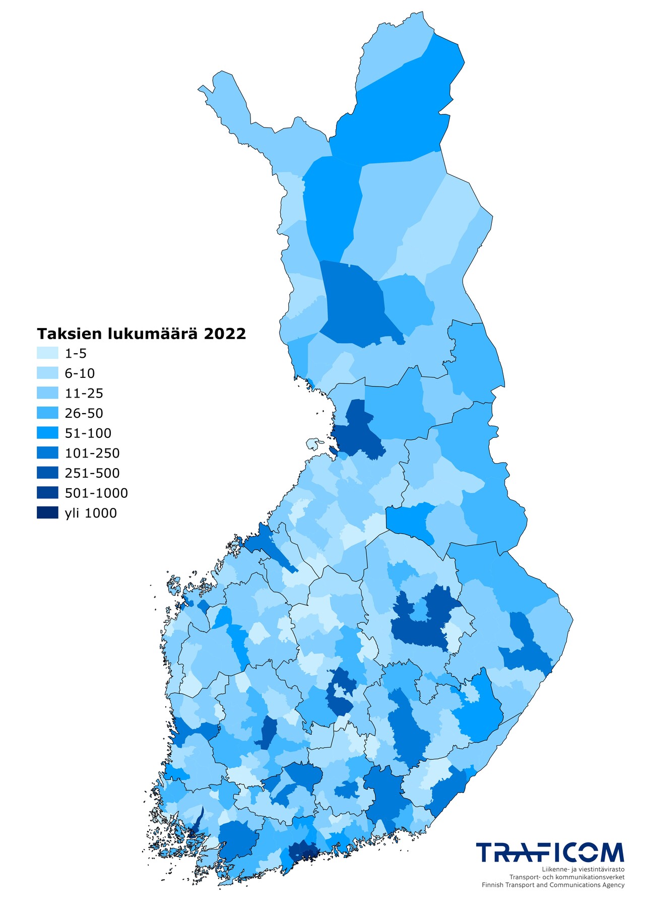 Kartalla taksien lukumäärä kuntakohtaisesti vuonna 2022. Taksien lukumäärä vaihtelee huomattavasti kuntien välillä yhdestä jopa yli tuhanteen.