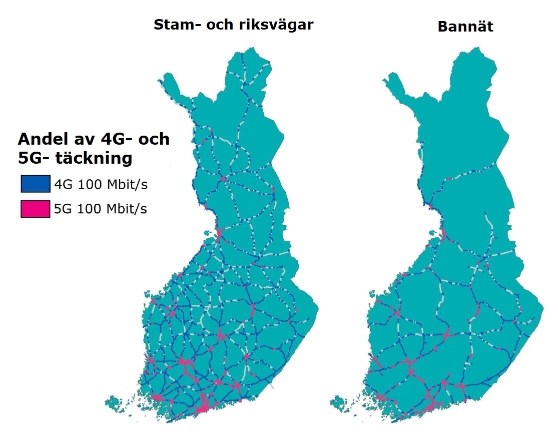 På kartan visas hur stor andel av stam- och riksvägarna samt av järnvägarna 4G 100 Mbit/s och 5 G Mbit/s täckte vid slutet av år 2020.