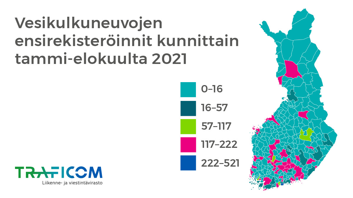 Karttakuva jossa vesikulkuneuvojen ensirekisteröinnin kunnittain tammi-elokuulta 2021