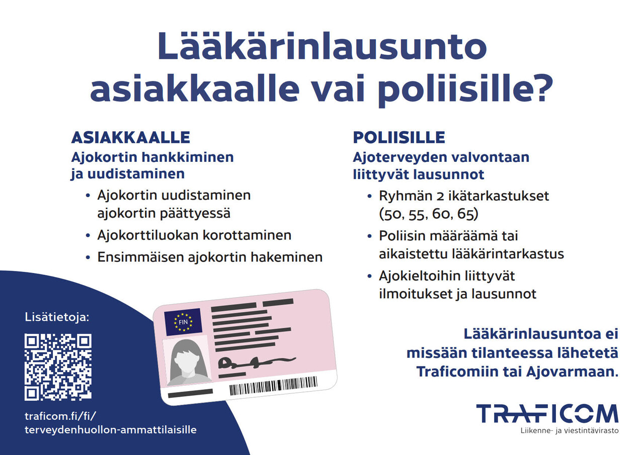 Juliste lääkärinlausuntojen toimittamisesta eri tilanteissa.