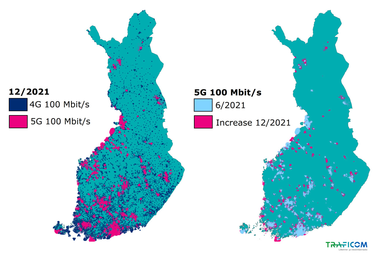 The map shows the coverage of 4G and 5G networks with a download speed of 100 Mbps in Finland at the end of December 2021. The map also shows separately those areas where the coverage of the 5G 100 Mbps network has increased in the past six months.