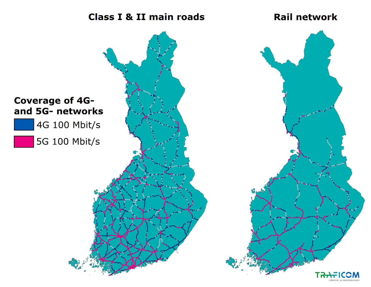The map shows the coverage of 4G and 5G networks with a download speed of 100 Mbps in Finland along main roads and highways and the railway network at the end of December 2021.