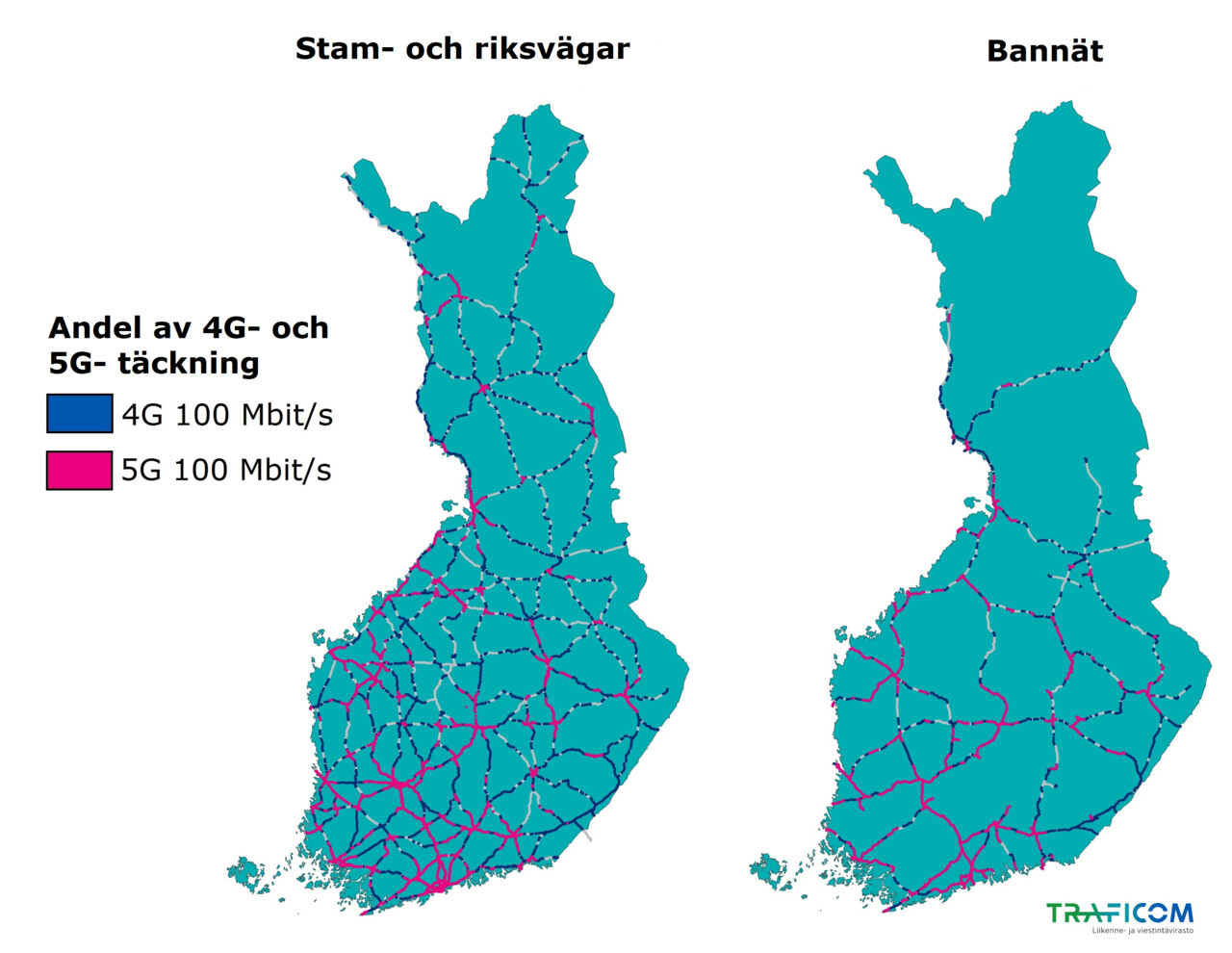 På kartan visas hur stor andel av stam- och riksvägarna samt av järnvägarna 4G- och 5G-abonnemang på 100 Mbit/s täckte vid slutet av december 2021.