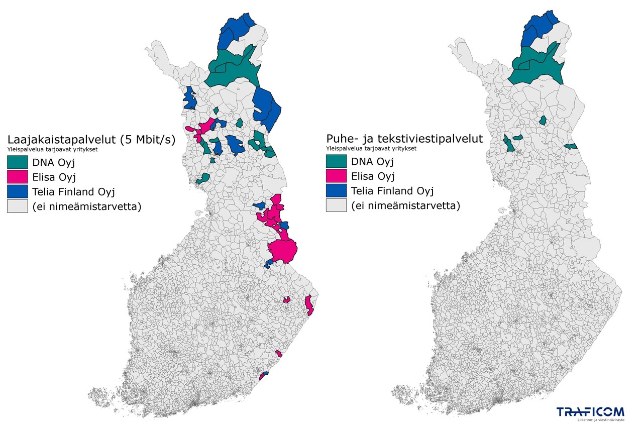 Kartalla yleispalvelualueet ja yleispalveluyritykset 5 megan laajakaistayhteyden ja puhelinpalveluiden tarjontaan Suomessa.