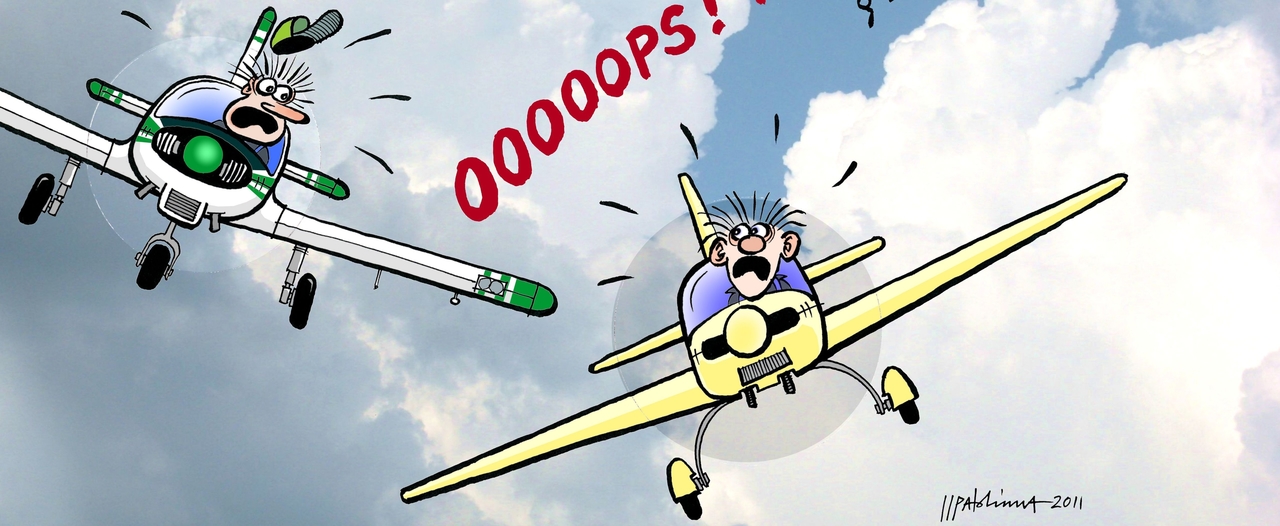 Piirroskuva kahdesta ilma-aluksesta, jotka lentävä lähellä toisiaan