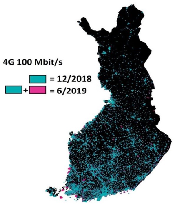 Vuoden 2018 lopusta kesäkuun 2019 loppuun matkaviestinverkon download-nopeudeltaan 100 megainen peitto kasvoi hieman. 100 megan peitto on erityisesti keskittynyt suurimpiin kaupunkeihin, asutuskeskittymien ympärille ja suurimpien teiden varsille. Pientä kasvua peitossa tapahtui kevään aikana eri puolilla Suomea.