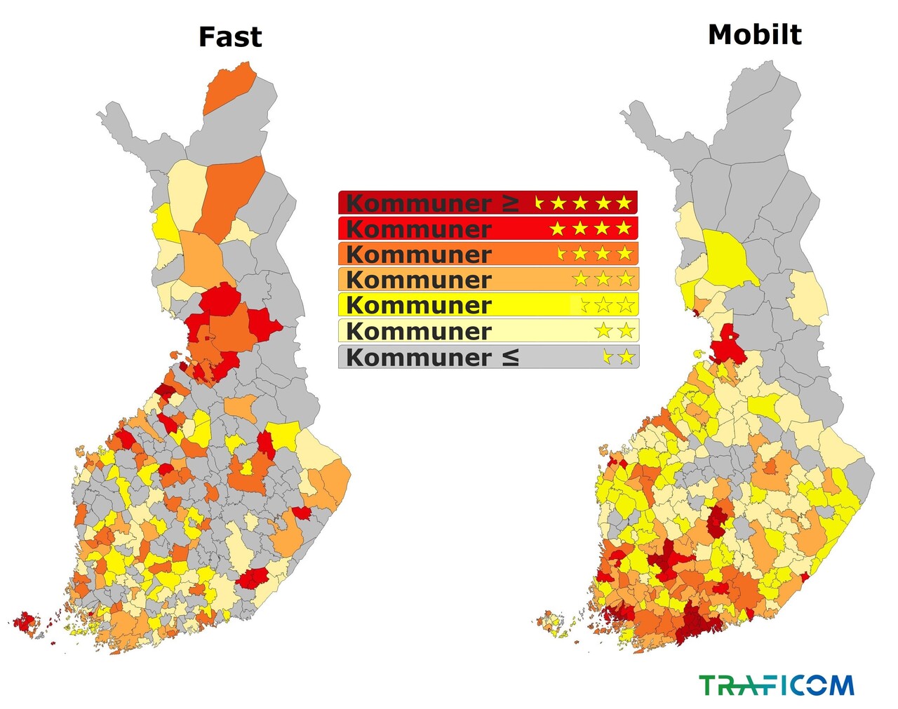 På kartan visas stjärnklassificeringen per kommun för fasta bredbandsförbindelser och mobilnätet.