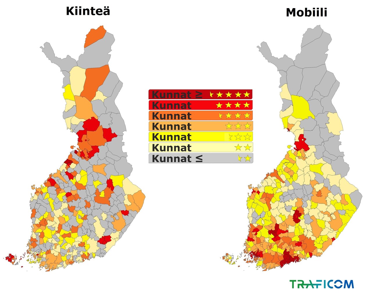 Kartalla esitetään kiinteän laajakaistan ja matkaviestinverkon tähtiluokitukset kunnittain. 