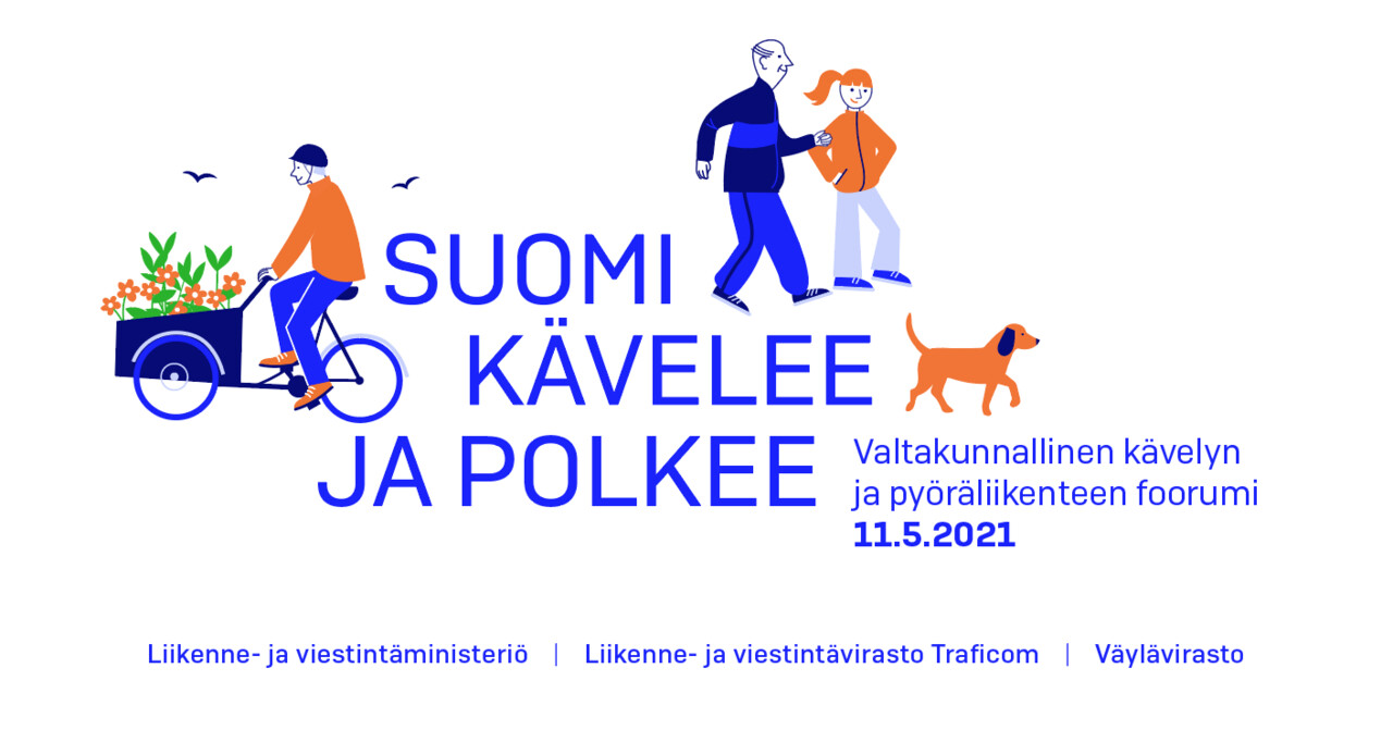 Piirroskuva jossa vasemmassa laidassa pyöräilijä polkee laatikkopyörällä, kukkia tarakalla ja oikeassa laidassa pariskunta kävelee koiran kanssa. Keskellä Suomi kävelee ja polkee -foorumi ja pvm 11.5.2021