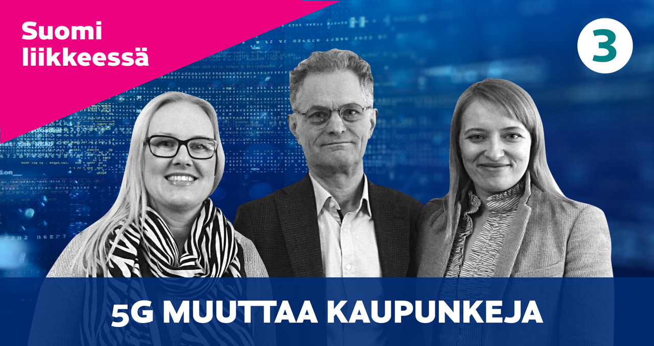 Kuvituskuva, jossa kolme henkilöä, jotka ovat äänessä kolmannen jakson podcastissa. Aiheena 5g muuttaa kaupunkeja