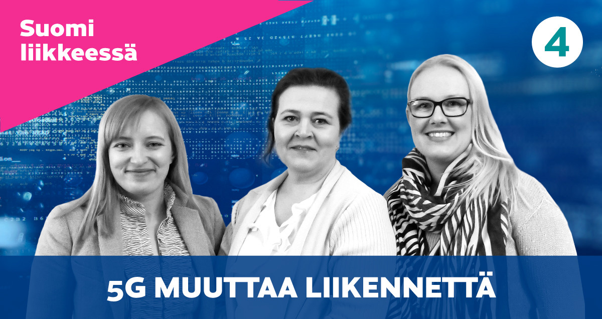 Kuvituskuva, jossa kolme henkilöä, jotka ovat äänessä neljännen jakson podcastissa. Aiheena 5g muuttaa liikennettä