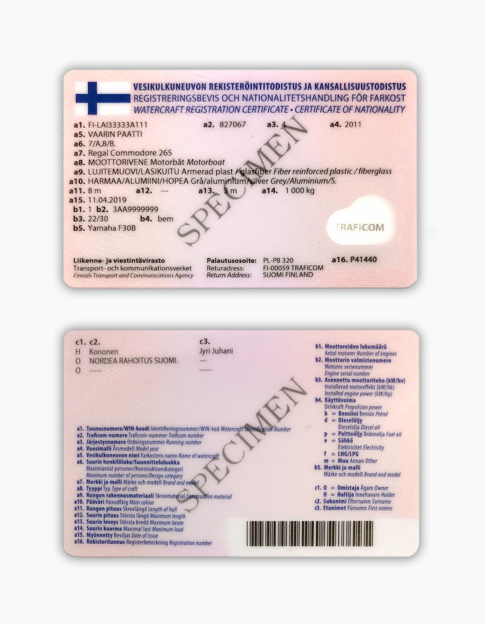 Watercraft registration certificate | Traficom